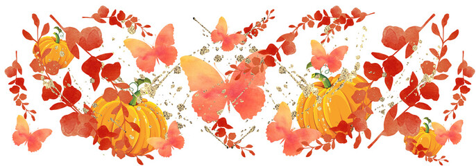 Halloween pumpkin  pattern with flowers, butterflies, botanical design elements. - obrazy, fototapety, plakaty
