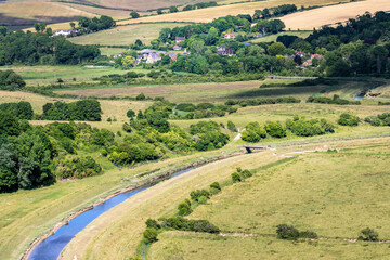 Aerial view of the Cuckmere river  and the countryside on a summer afternoon, East Sussex, England