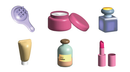 Cosmetic 3d icon set with lipstick, skin cream, perfume 3d illustration.