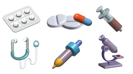 healthcare and medical 3d icon set with drugs, tablet pack, capsule, syringe, pipette, stethoscope 3d illustration.