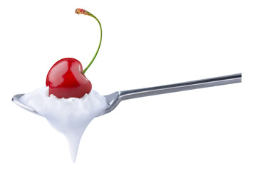 Spoon of yoghurt with cherry on top cut out