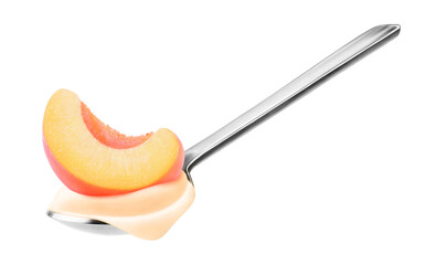 Spoon of fruit yogurt with peach slice on top