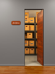 Open the doors to the archive room. Archives. 3d illustration