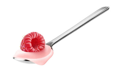Spoon of fruit yogurt with raspberry on top