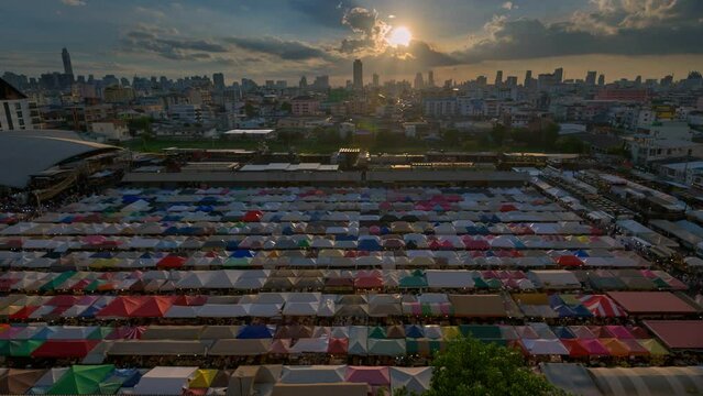4k Sunset time lapse at Train Night Market Ratchada in Bangkok Thailand