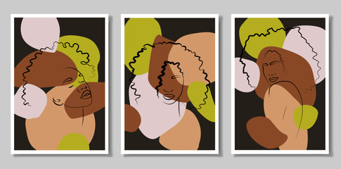 A girl in the tropics. A set of three paintings. Abstract portrait of a young woman in a minimalist style. Drawing lines. Beautiful African woman. Wall Art In The Style Of Pop Art.