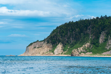 Fototapeta premium coastal seascape, beautiful lava rocks on the wooded coast of Kunashir island near Cape Stolbchaty