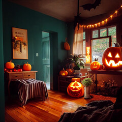 Obraz premium Halloween Decorated Room. A carved pumpkin for Halloween.