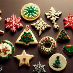 Fototapeta na wymiar Christmas pastries, gingerbread, cookies. Festive ornaments, glass balls, gingerbread man, candies and cookies.
