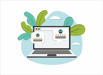Fototapeta premium online chatting on laptop computer concept, man and woman connecting together and work from anywhere, flat vector illustration