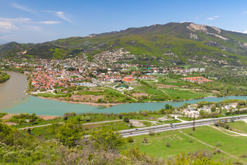 Fototapeta na wymiar Landscape of Mtskheta town on a sunny day, aerial view
