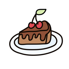 Chocolate Cake with Cherries on a Plate in Cartoon Doodle Style. Graphic Sketch of Food, Dessert, Sweet Pastries. Vector Icon, Print, Logo Isolated on a White Background.