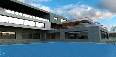 View from the pool at the concrete facade of a modern, recently designed building. Brutal architecture mixed with non-standard building materials. 3d render.