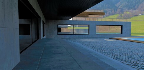 Access to the courtyard of the estate built according to an unprecedented minimalist design at the foot of the Carpathian mountains. Finishing the facade with concrete. Natural paving stone. 