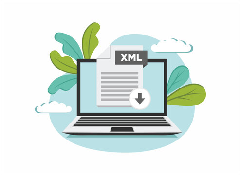 Download XML icon file with label on laptop screen. Downloading document concept