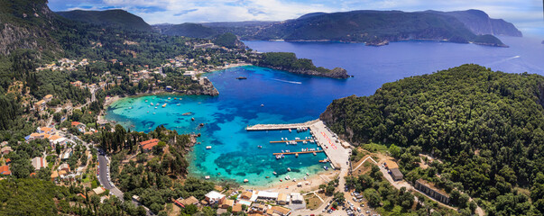 Greece. Corfu island best beaches. Stunning Paleokastritsa bay with turquoise sea. Aerial drone view - obrazy, fototapety, plakaty