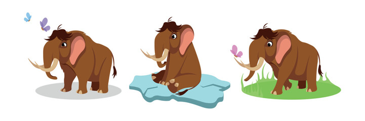 Vector illustration of cute and beautiful mammoths on white background. Charming characters in different poses stand angry, sit on ice, walk on the lawn in cartoon style.
