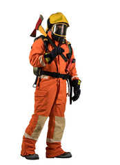 Fireman with a mask and equipment  on his back in a fully protective suit on a white background