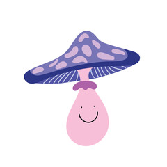 Mushroom kawaii with smiling face, vector. Cute fly agaric. Smiling mushroom, toadstool.