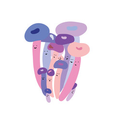Cute honey mushrooms. Happy fairytale mushrooms. Funny fairy tale mushrooms with adorable faces. Baby fiction. Childish flat vector illustration isolated on white background