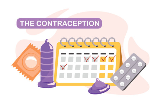 Vector illustration of methods of contraception. Cartoon illustration of contraceptives such as condoms and pills, and pictures of a period calendar.