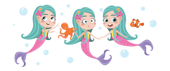 Obraz na płótnie Canvas Vector illustration of cute and beautiful mermaids on white background. Charming fabulous characters in different poses swim with octopus, fish and starfish and bubbles around in cartoon style.
