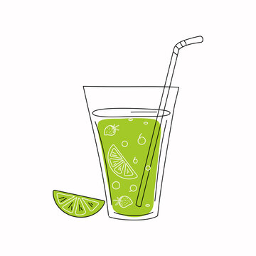 Glass with fruit drink in doodle style. Fruit juice with lemons, berries, lime.  Vector illustration.