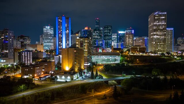 Revealing shot of downtown Edmonton at night. Hyperlapse
