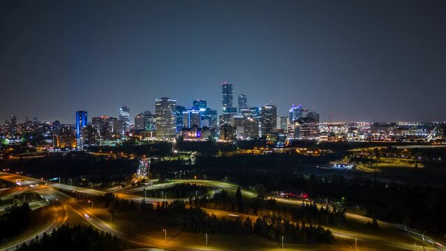 Drone Hyperlapse of Edmontons Skyline at Night
