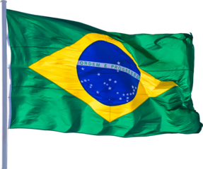 Flag of Brazil blowing in the wind on the flagpole.