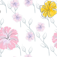 Pink Flowers Blooming Pattern. Pastel Watercolor.