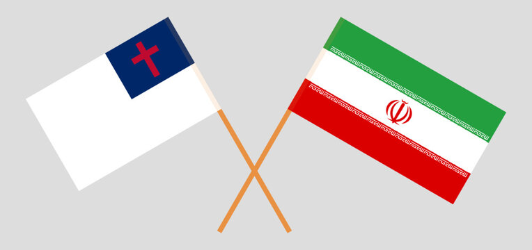 Crossed Flags Of Christianity And Iran. Official Colors. Correct Proportion