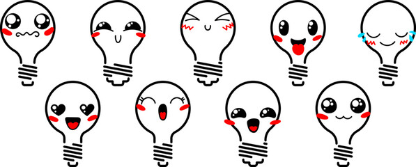 Set of Various Cartoon Bulbs with Emoticons. Doodle lightbulb, ideas, eyes and mouth. Caricature comic expressive emotions, smiling, crying and surprised character face expressions