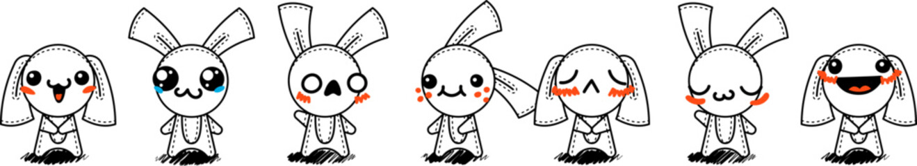 Outline Cartoon Rabbits. Emoticons, doodle faces, eyes and mouth. Caricature comic expressive emotions, smiling, crying and surprised character face expressions