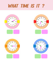 What time is it. Learning time on the clock. Educational activity worksheet for kids and toddlers. Preschool game. Puzzle with clock .   Education Game for Children.