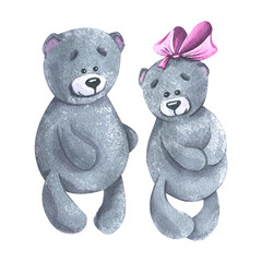 A cute pair of teddy bears, a boy and a girl with a bow, stuffed toys. Watercolor illustration. Isolated objects from a large VALENTINE'S DAY set. For the decoration and design of compositions.