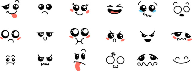 Various Cartoon Emoticons Set. Doodle faces, eyes and mouth. Caricature comic expressive emotions, smiling, crying and surprised character face expressions