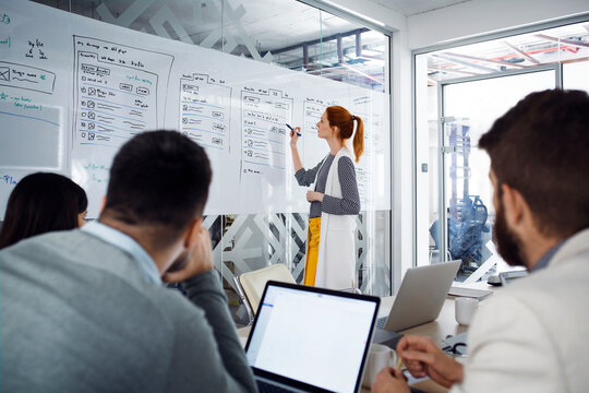 Businesswoman explaining strategy to colleagues in creative office