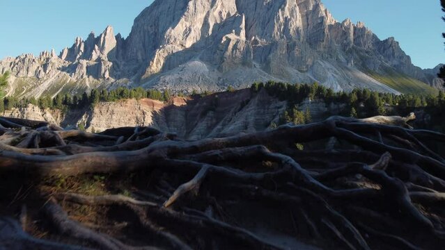 Sass de Putia mountain in Passo delle Erbe Pass or W&uuml;rzjoch in South Tyrol, Dolomites Italy. Trentino Alto Adige aerial view.