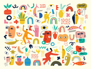 Big Set of Different colored Vector illustartions for posters in Cartoon Flat design. Hand drawn Abstract shapes, faces, different texture funny Comic characters.