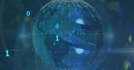 Image of grid patterned globe with binary codes against abstract background