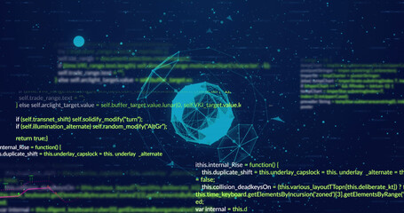 Image of digital dots interconnecting with lines forming globe against programming language