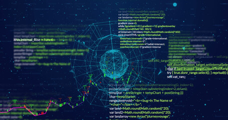 Image of digital dots interconnecting with lines forming globe against programming language