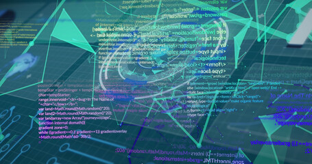 Image of digital interface screens with circle, dots connecting with lines and programming data