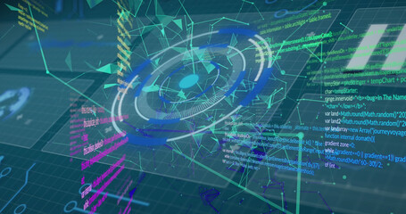 Image of digital interface screens with circle, dots connecting with lines and programming data