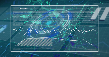 Fototapeta premium Image of digital circles, dots connected with lines and programming codes moving on screens