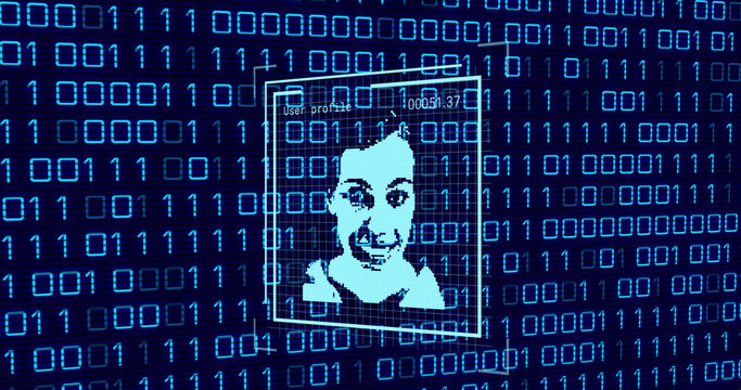 Image of user photo and binary code on navy background