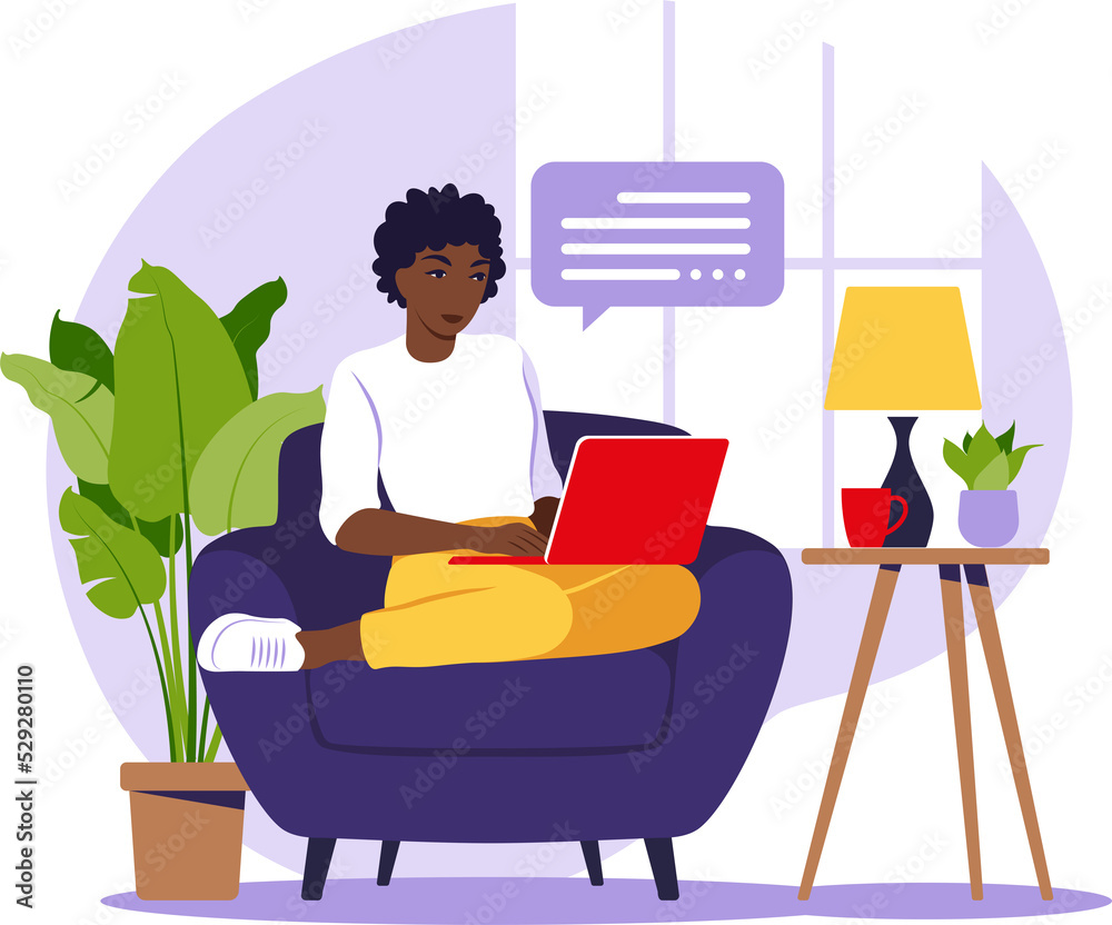 Wall mural african woman sitting with laptop on armchair. concept illustration for working, studying, education