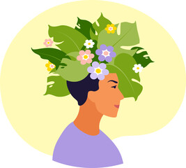 Mental health, happiness, harmony concept. Happy man head with flowers inside. Mindfulness, positive thinking, self care idea. 