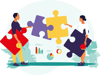 Problem solving. creative decision, difficult task concept. Man and woman assembling puzzle. Cooperation and teamwork. 